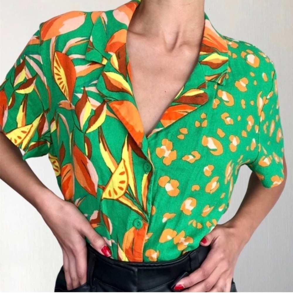 Tabitha Brown linen-blend tropical crop button down short sleeve top‎ Size XXS